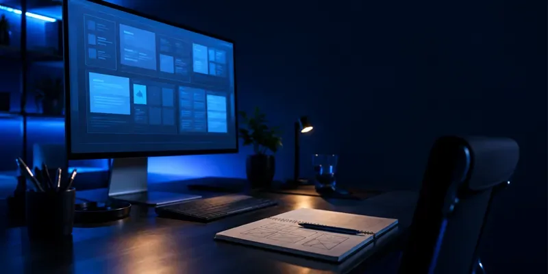 Schreibtisch bei Nacht mit Monitor, auf dem ein Seitenlayout entsteht, daneben ein Skizzenbuch mit Wireframes