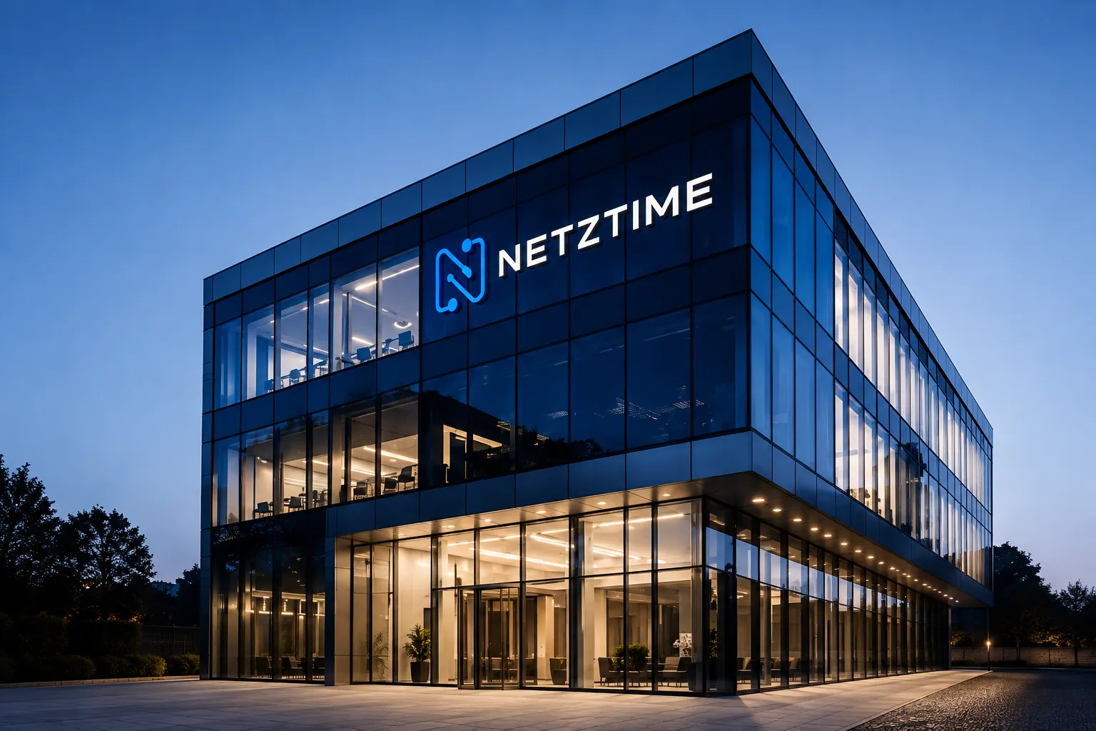 Modernes Bürogebäude mit beleuchtetem NETZTIME Schriftzug in der Abenddämmerung