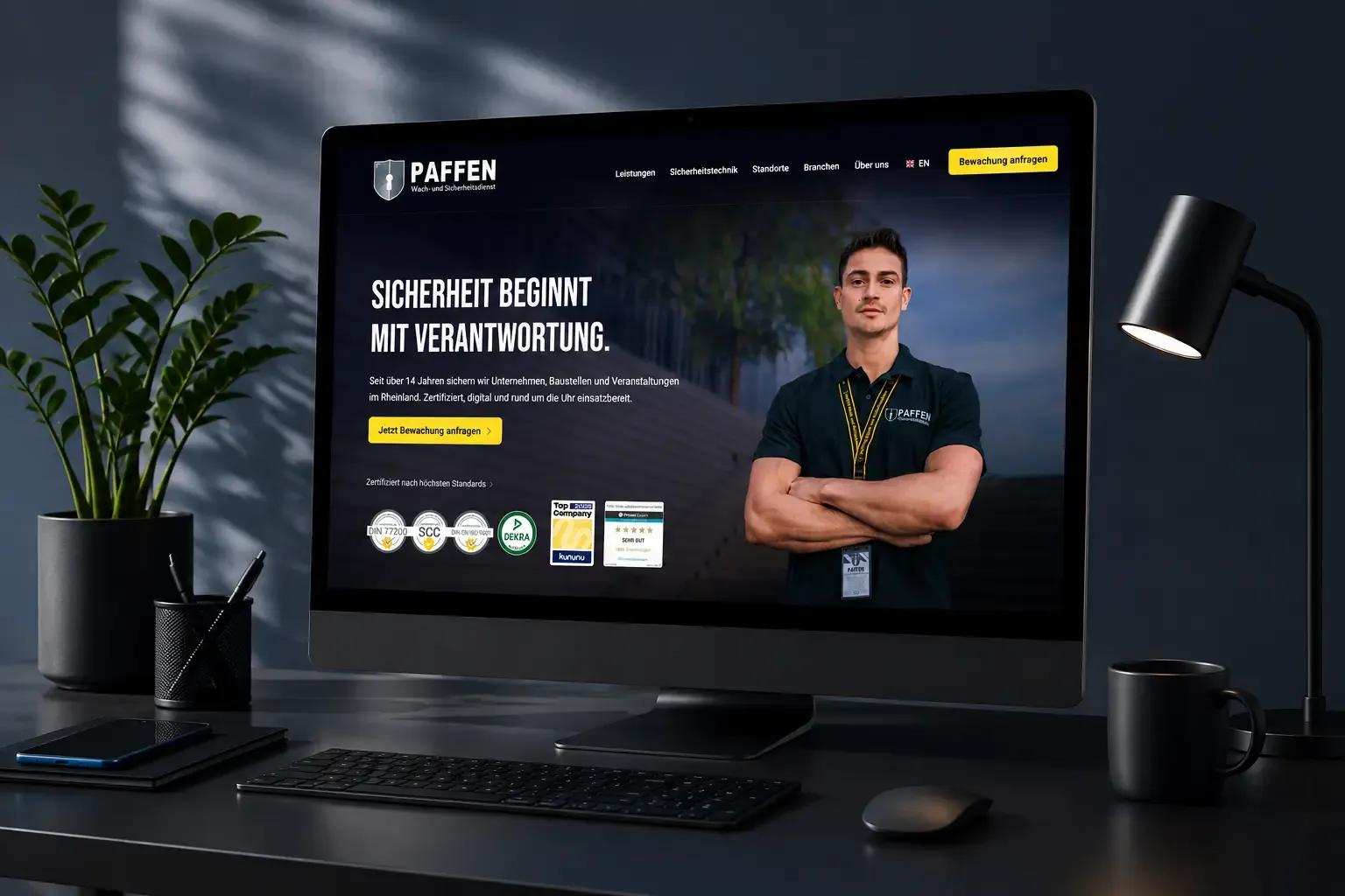 Website des Wach- und Sicherheitsdienstes Paffen auf einem Desktop-Monitor