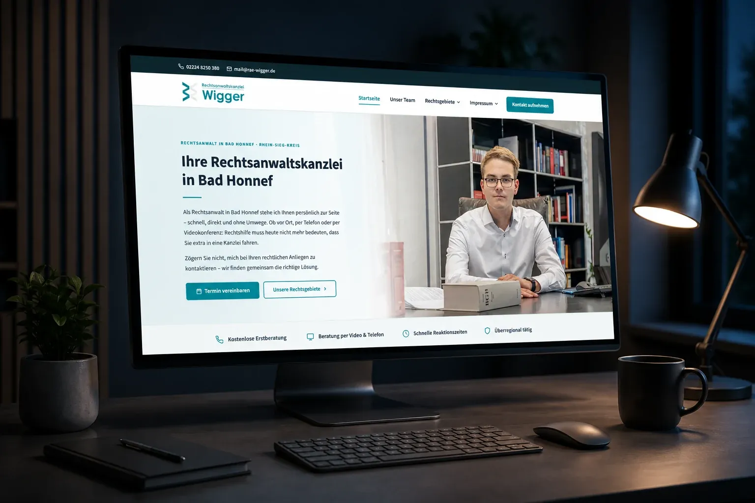 Website der Rechtsanwaltskanzlei Wigger aus Bad Honnef auf einem Monitor